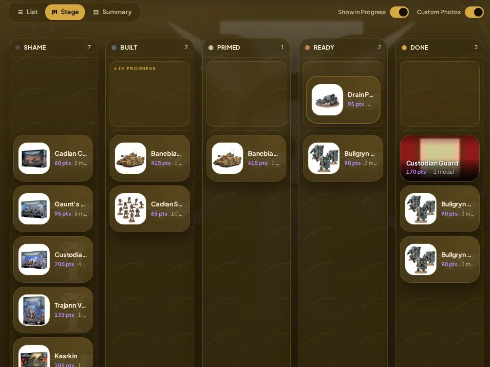 The Stage board: one column per build state, with a lane at the top of each for what you are working on right now.